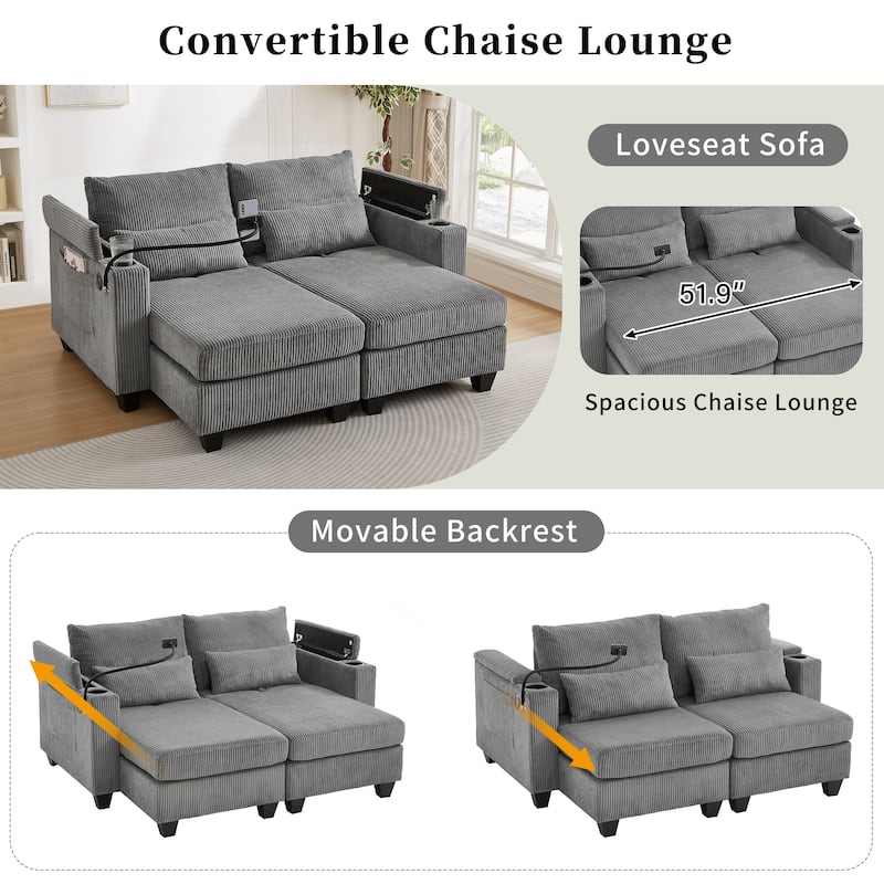 63" Convertible Chaise Lounge Chair, Corduroy Upholstered Sofa Bed with USB Ports & Cup Holders, Living Room Loveseat Sofa