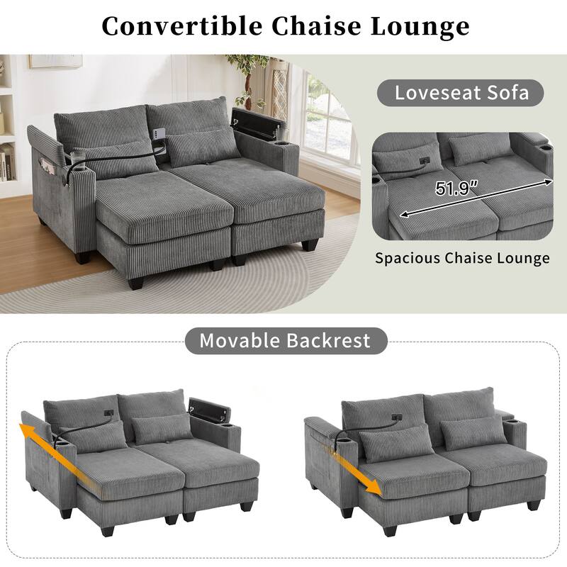 63" Corduroy Convertible Chaise Lounge with USB Ports, Phone Holder, and Storage