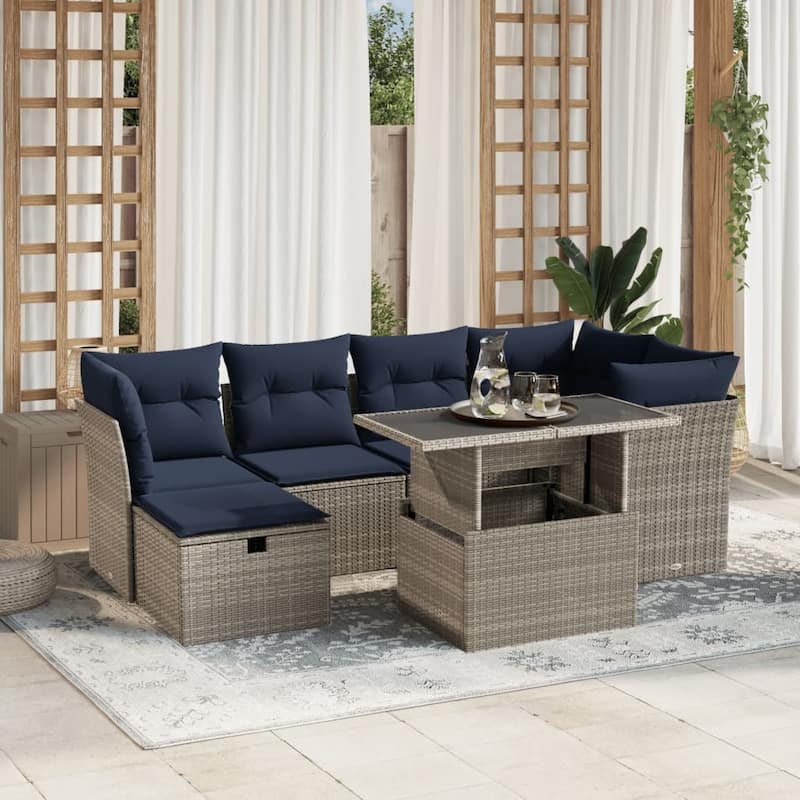 vidaXL Patio Sofa Set with Cushions and Table Outdoor Garden 7 Piece Poly Rattan - Gray - 24.4" x 24.4" x 27.2"