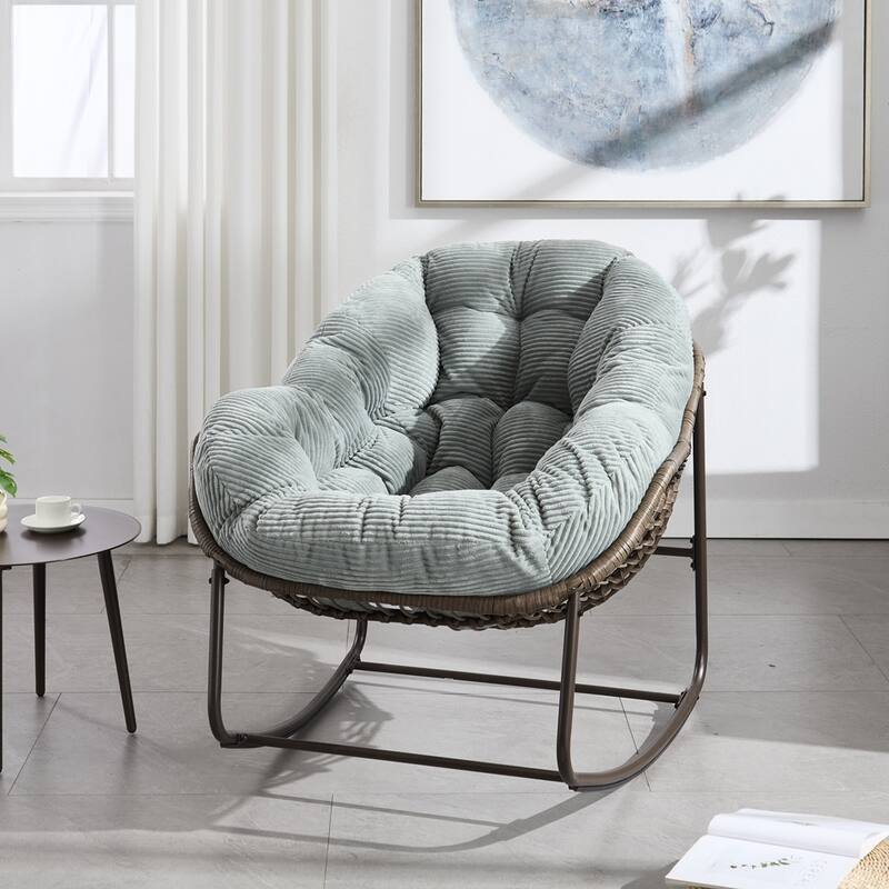 Rocker Recliner Chair Rattan Rocking Chair with Padded Cushion - Light Green&Velvet
