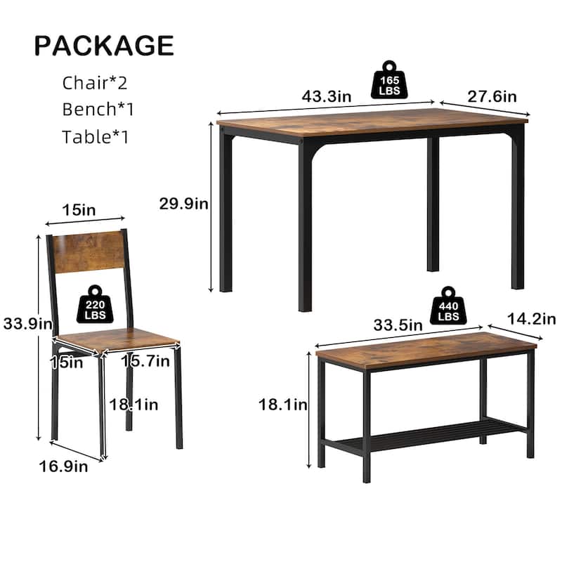 Dining Table Set for 4, Kitchen Room Table Set with Bench, 2-Piece Dining Chairs Set for Breakfast Nook - 42.9"×27.3"