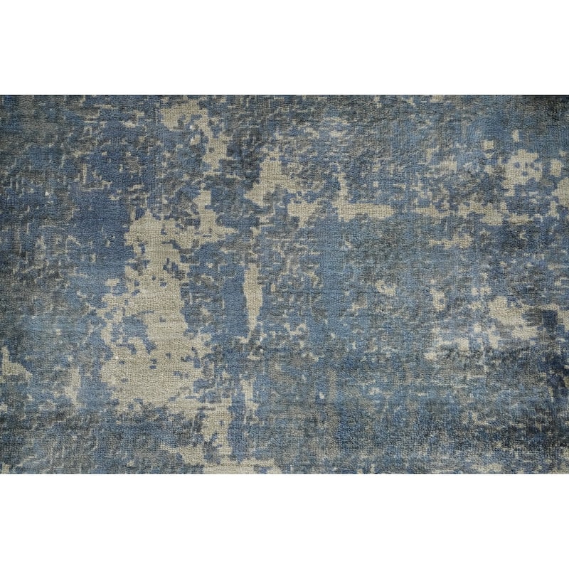 Hand Knotted Oriental Viscose Silk Carpet Modern All-Over Navy Blue & Blues Abstract Area Rug - 4' 7'' X 2' 7''