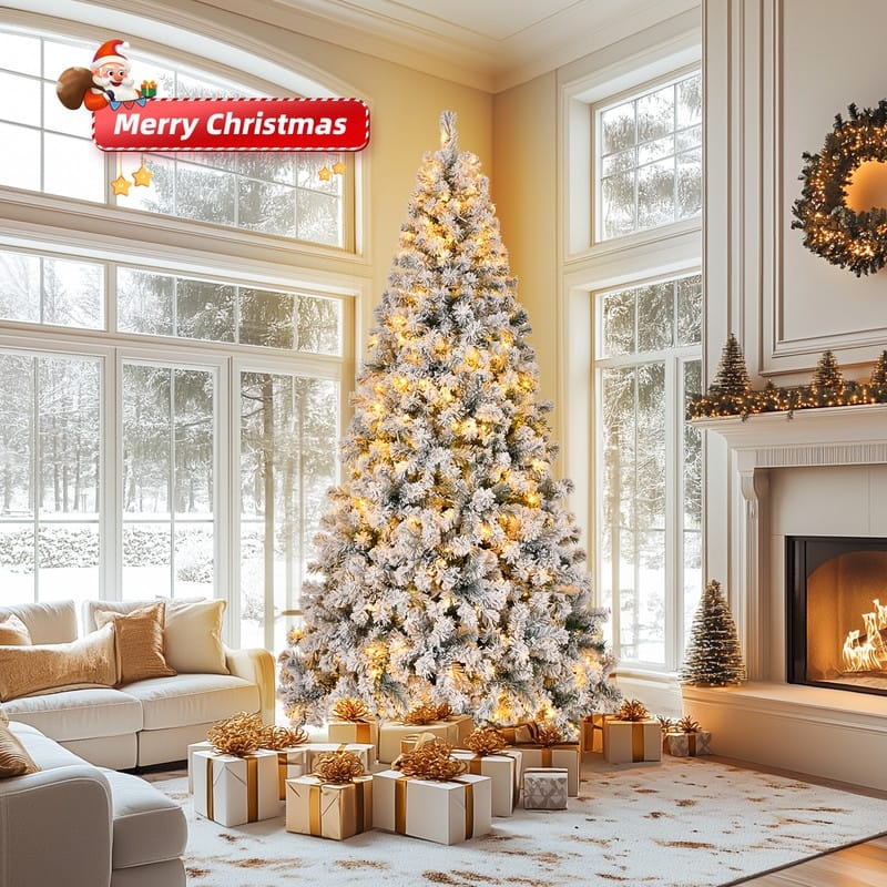 8 FT Pre-lit Snow Flocked Christmas Tree, Artificial Hinged Xmas Pine Tree,Remote Control for Holiday Party, Snowy Green