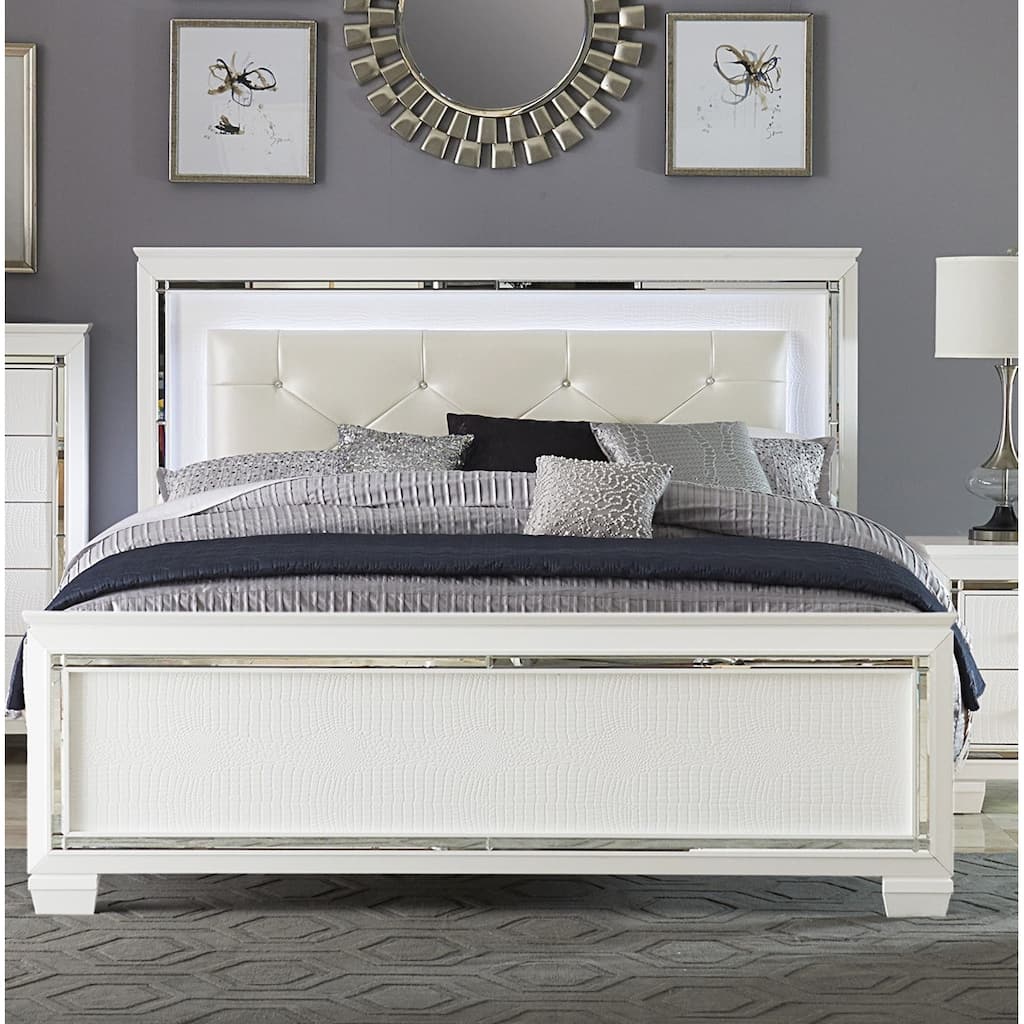 Queen Size Bed with LED Headboard, White Faux Leather, Alligator Embossed Design