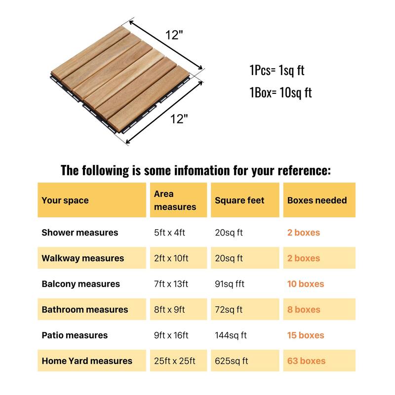 10 PCS Interlocking Deck Tiles Striped Pattern, 12" x 12" Square Acacia Hardwood Outdoor Flooring for Patio,Bancony,Pool Side