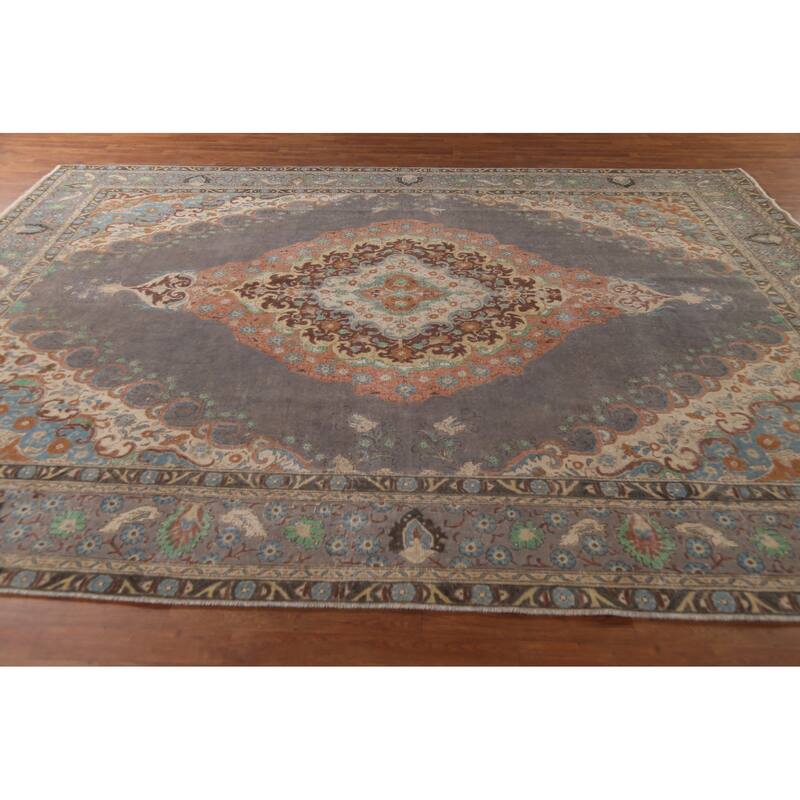 Gray Tabriz Persian Vintage Area Rug Hand-Knotted Wool Carpet - 9'10"x 12'0"