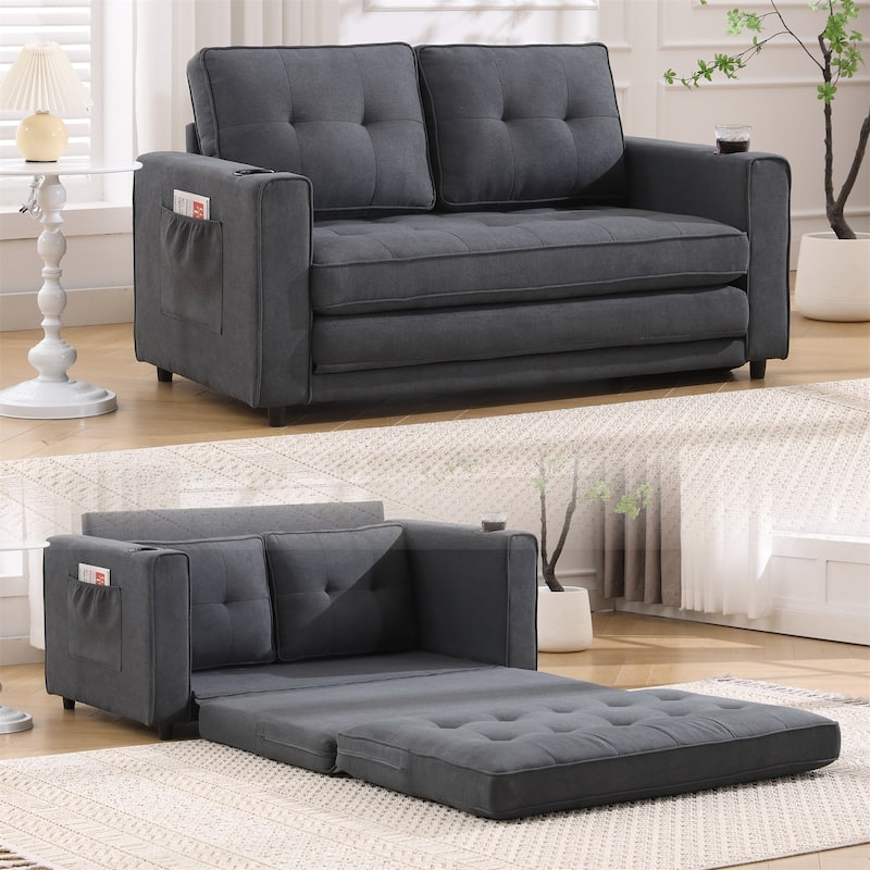 3-in-1 Foldable Convertible Upholstered Futon Sofa w/ Side Pockets