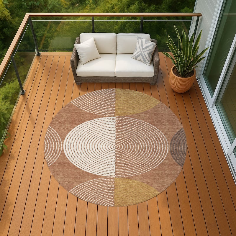 Machine Washable Indoor/ Outdoor Casual Circles Chantille Rug - Copper - 8' x 8'