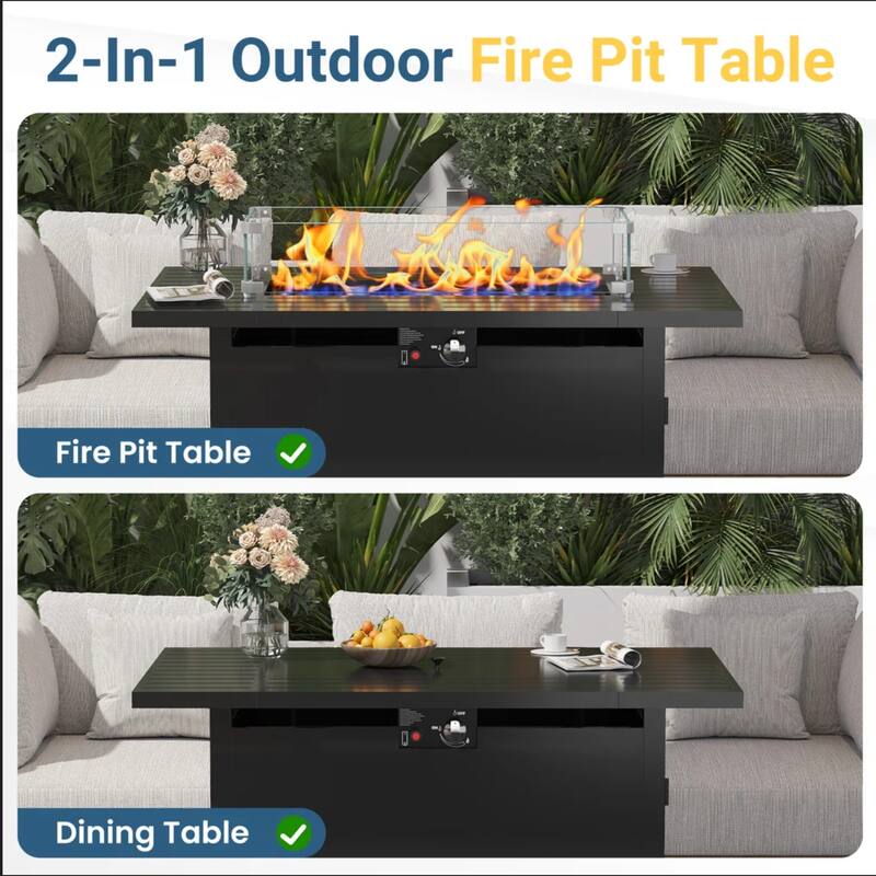 43" 2in1 Black Fire Pit Table with Lid & Glass Shield, 50000 BTU CSA Certified, Waterproof Cover