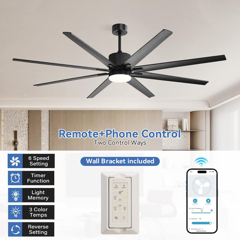 52"/66"/72"/76 Inch Modern Ceiling Fan with Dimmable LED Light ,Remote&APP Control,8 Blades for Large Living Room,Porch