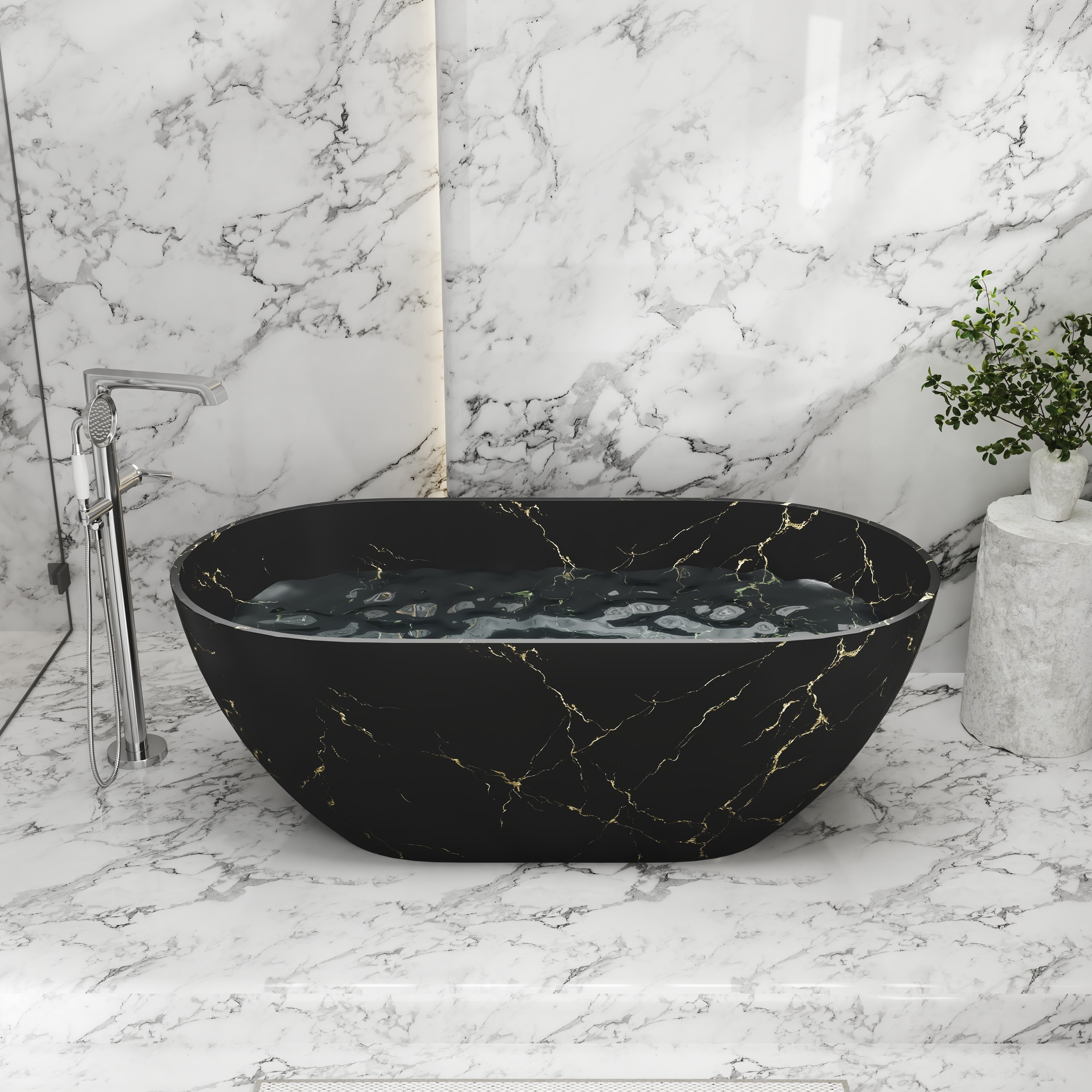 59 in Solid Surface Freestanding Soaking Bathtub in Matte Black with Sky Mirror Star River Marble Pattern, Center Drain