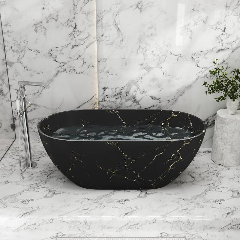59 in Solid Surface Freestanding Soaking Bathtub in Matte Black with Sky Mirror Star River Marble Pattern, Center Drain