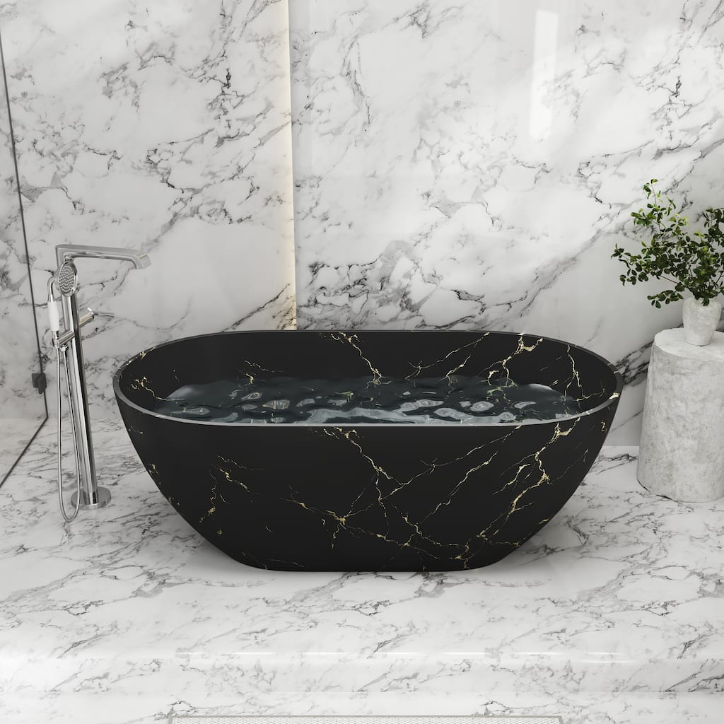 59 in Solid Surface Freestanding Soaking Bathtub in Matte Black with Sky Mirror Star River Marble Pattern, Center Drain