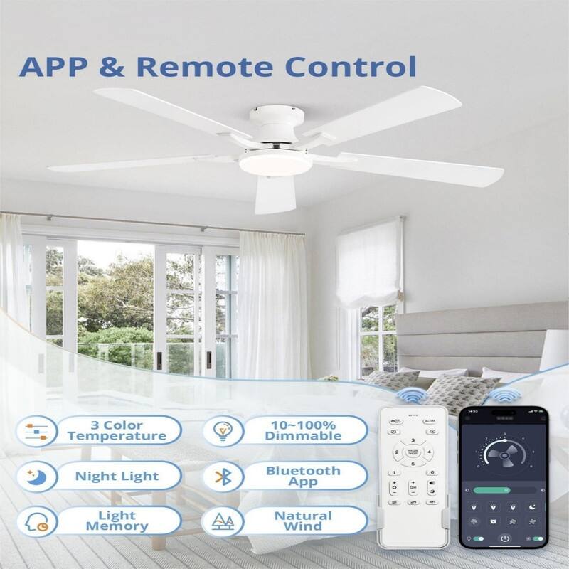20W Dimmable LED Ceiling Fan with Light, App & Remote Control, Flush Mount Low Profile, Quiet Reversible Motor for Bedroom