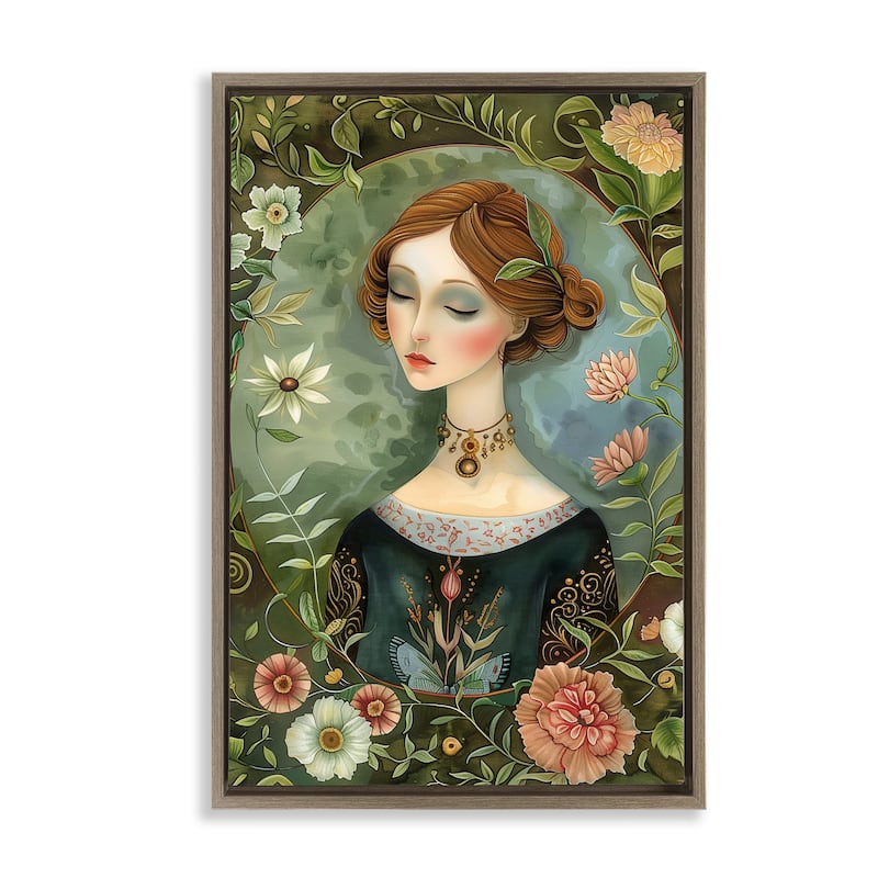 Stupell Floral Edged Victorian Woman Framed Floater Canvas Wall Art Design By The Dutch Lady - 17 x 25 - Brown
