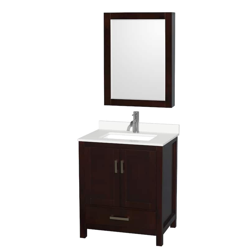 Sheffield 30-inch Single Vanity, Single Hole Quartz Top, Med Cabinet - Espresso, Chrome Trim, White Quartz Top