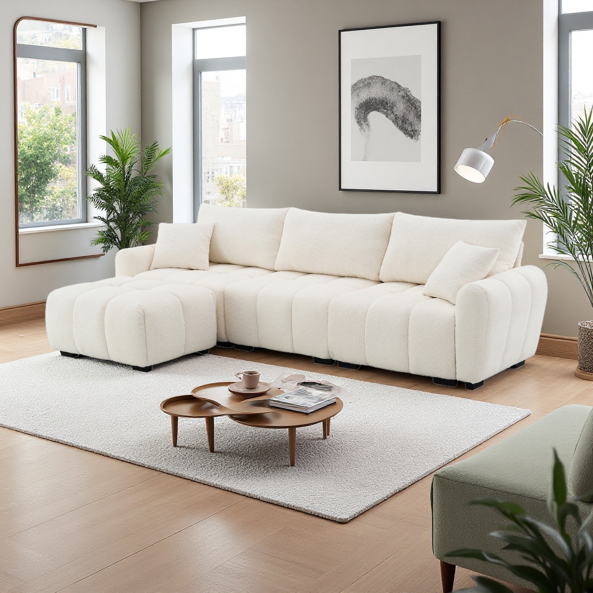 110" Boucle Fabric L-Shape Modular Sectional Sofa with Ottoman and Pull-Line Design (4-Seater)