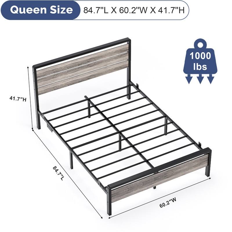 Bed Frame with LED Light and Charging Station, Metal Platform Bed with Wood Headboard