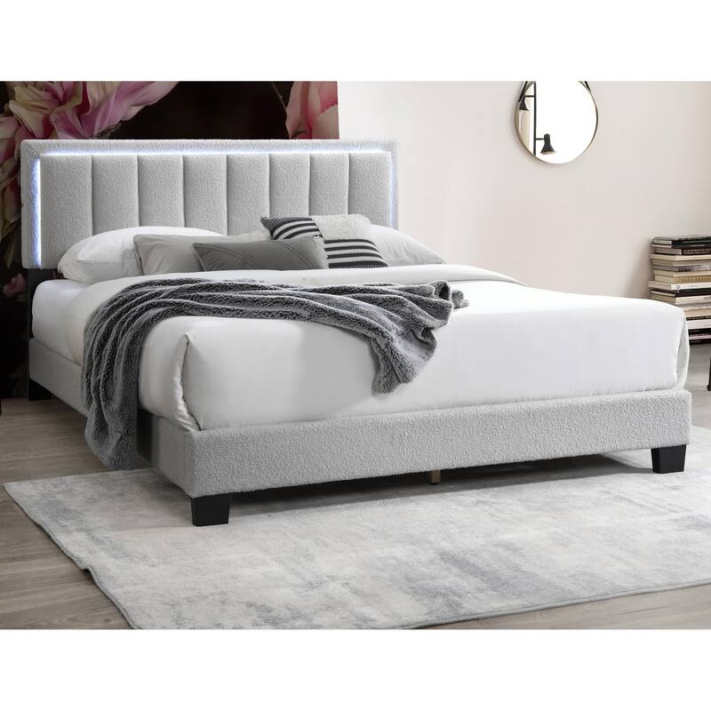 Light Gray Wool Fabric 1pc Queen Size Bed Channel Tufting w LED Full Upholstered Bedframe Bedroom Bed - Light Gray