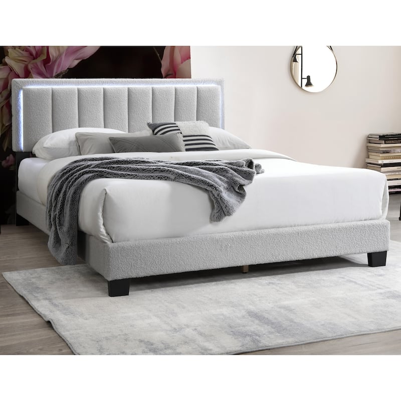 Queen Size Light Gray Wool Fabric Upholstered Bed with LED Headboard and Channel Tufting