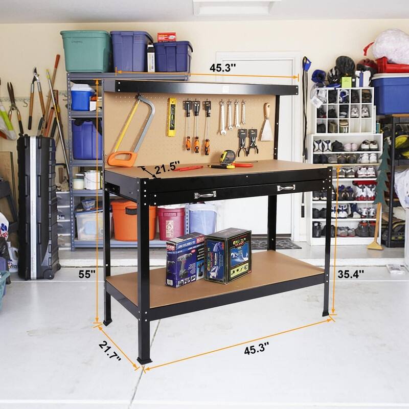 Steel Tool Storage Workbench, Hardwood Tools Table Workstation with Drawer, Peg Board for Workshop, Home