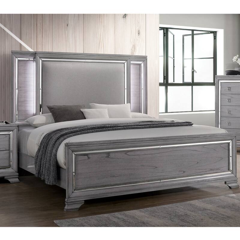 Furniture of America Taia Contemporary Grey 3-Piece Panel Bed, Nightstand and Chest Set with LED
