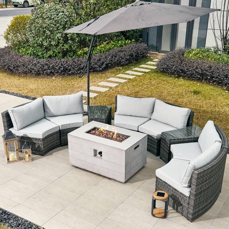 9-Piece Modular Patio PE Rattan Sofa Set with 50000BTU Terrafab Composite Fire Pit Table