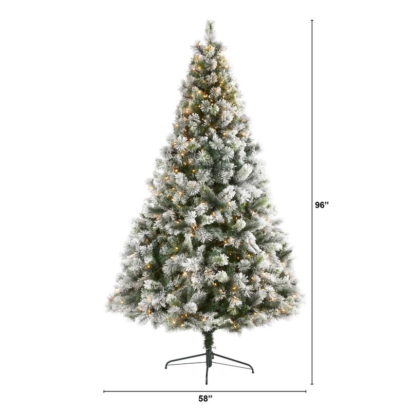 8’ Pre-Lit Flocked Oregon Pine Artificial Christmas Tree, Clear LED Lights - 8 Foot
