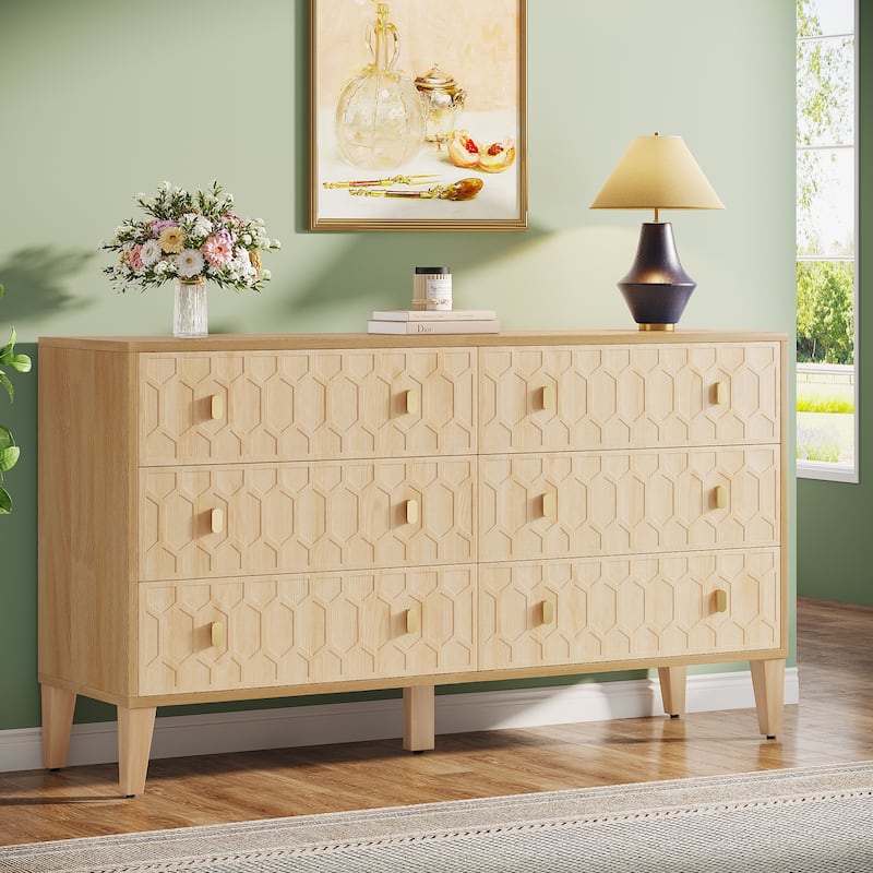 55-inch Dresser for Bedroom Chest of Drawers with Solid Wood Legs - Natural