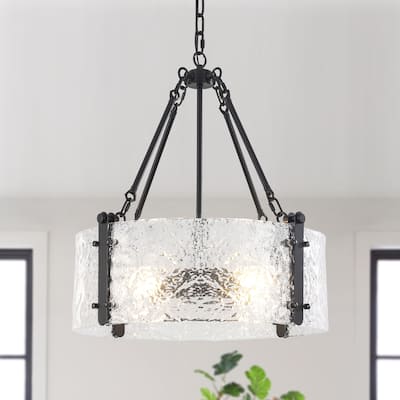 4 - Light Dimmable Black Drum Chandelier With Ripple Glass Shade, Industrial Farmhouse Semi Flush Mount Pendant - N/A
