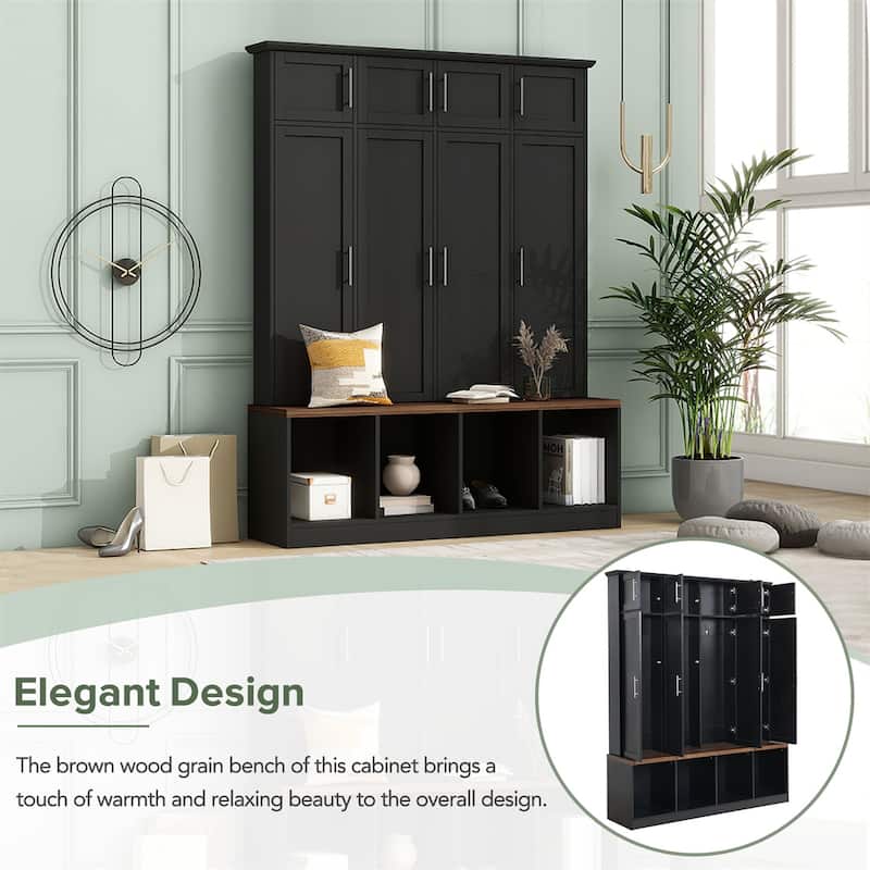 Multi-Functional Hall Tree w/4 Hidden Hanging Hooks,Wood Grain Bench