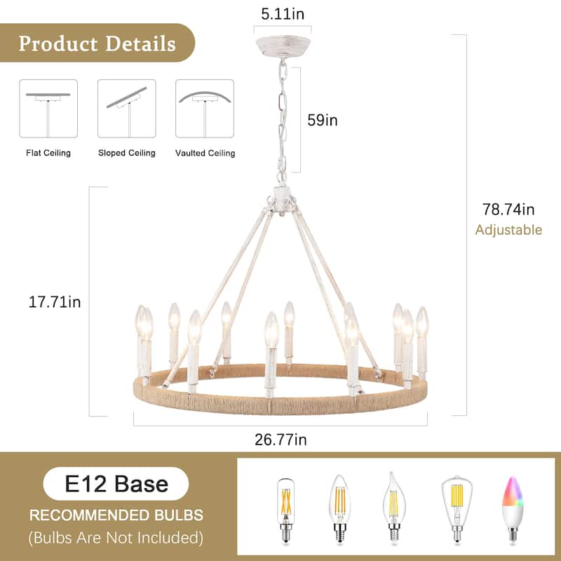 12-Light W26.77" x H78.74" Hemp Rope Wagon Wheel Chandelier for Living Room