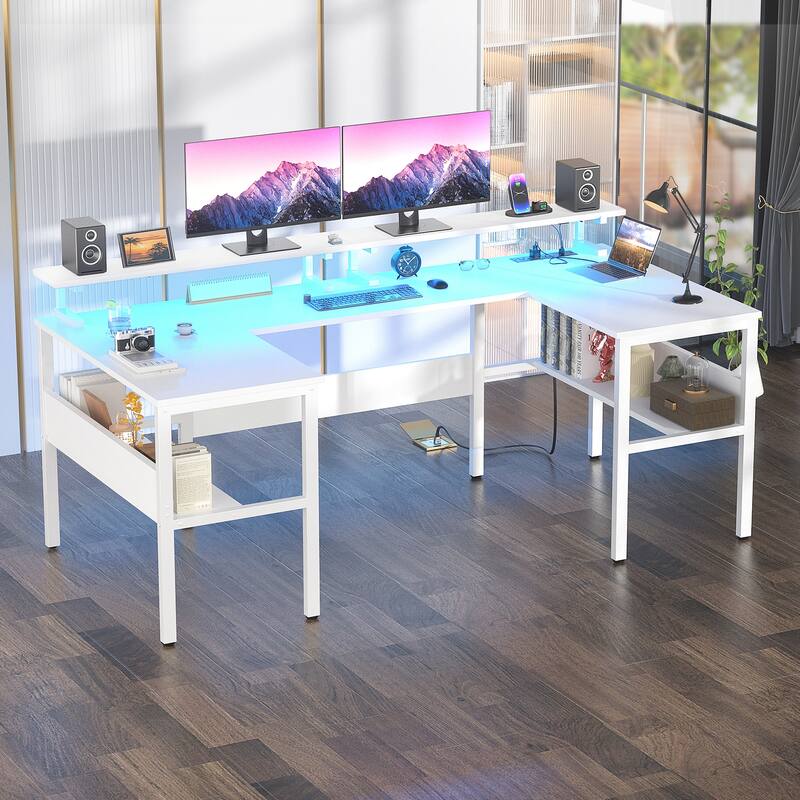 U-Shape Reversible Gaming Desk Monitor Computer Table with USB Ports and LED Lights - White