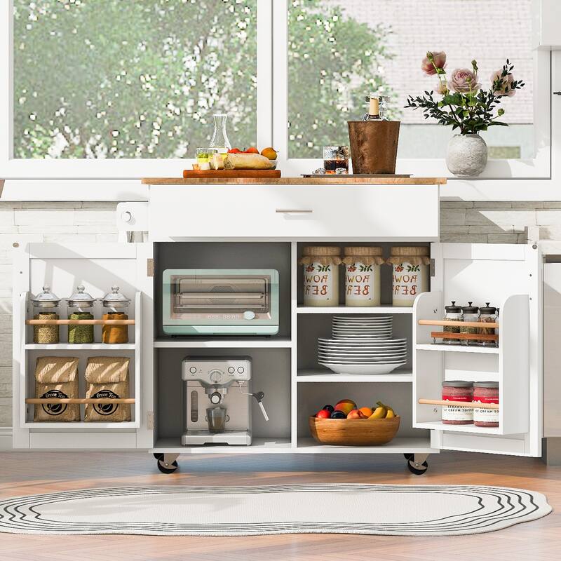 Rolling Kitchen Island with Storage,Kitchen Cart with Rubber Wood Top,Spacious Drawer with Divider and Internal Storage Rack