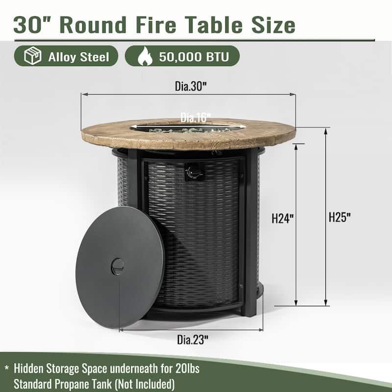 30" Propane Gas Fire Pit Round Steel Table with 50000 BTU