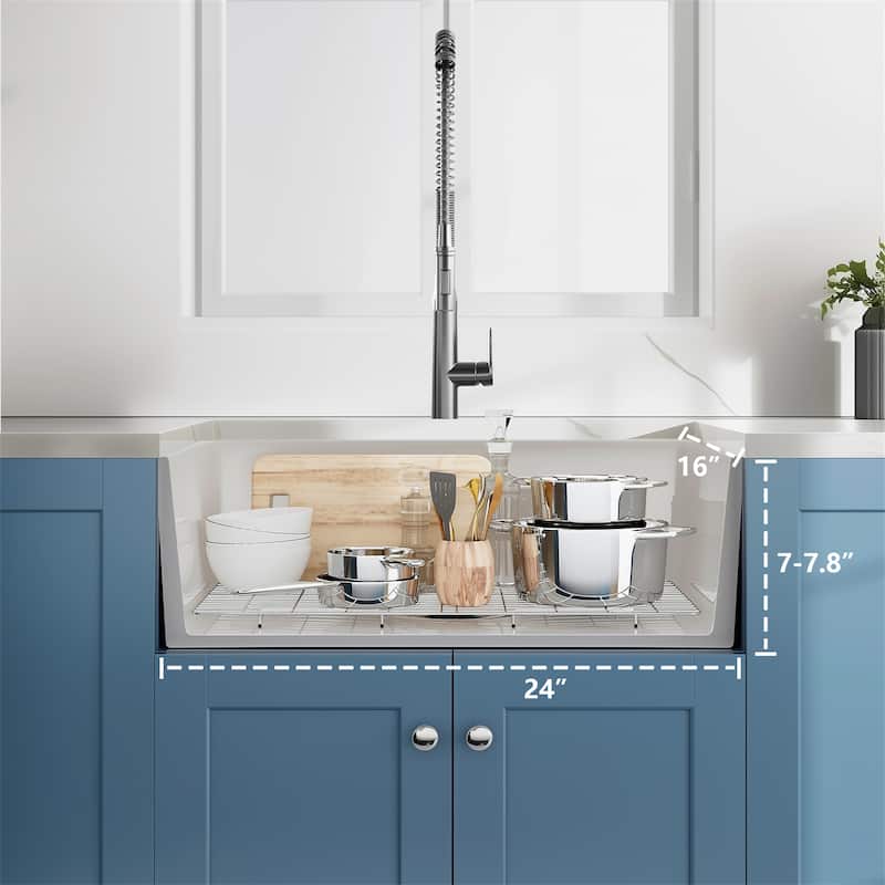 24" White Fireclay Ceramic Sink - Apron Front Single Basin with Grid