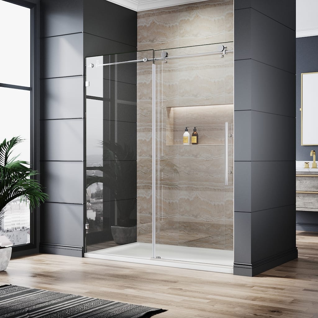 Elegant Frameless Double Sliding Shower Doors 60"x79" with Stainless Steel Hanging Wheel in Brushed Nickel or Chrome Finish