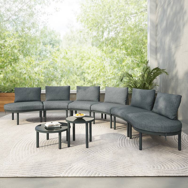 8-Piece Patio Half Moon Sofa Set with 2 High-Low Coffee Tables, 6 Pillows & Cushions - Grey