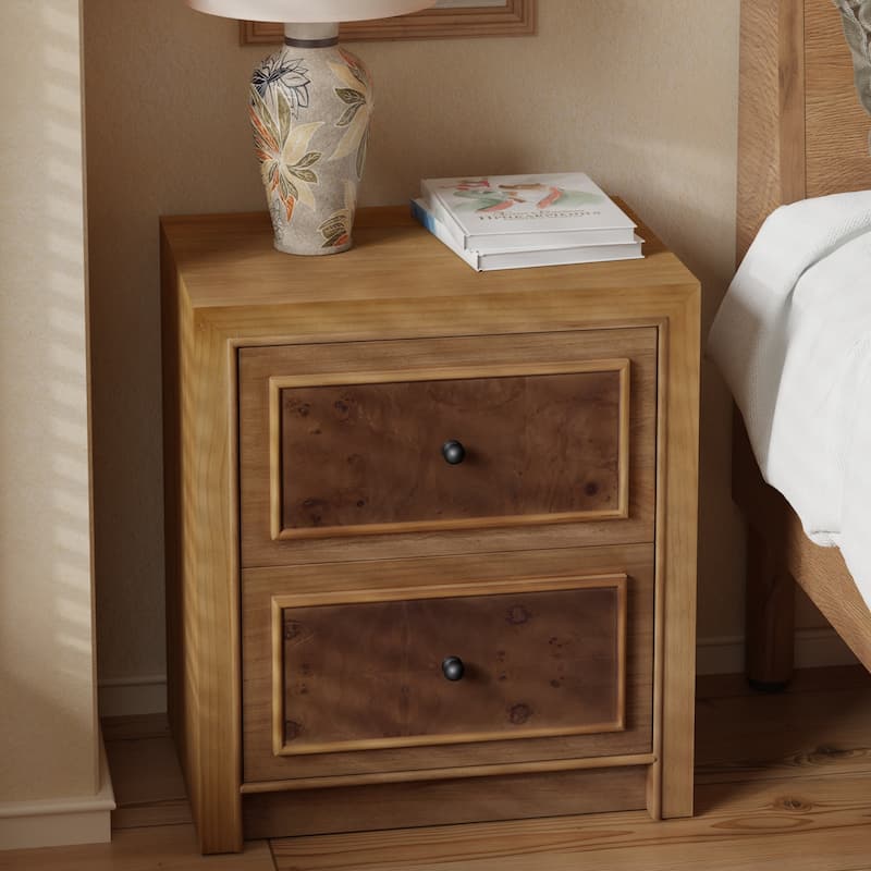 COZAYH Fully Assembled Wooden Nightstand, Burl Front Dresser in Farmhouse Style, Natural Finish Bedside Table with Ample Storage