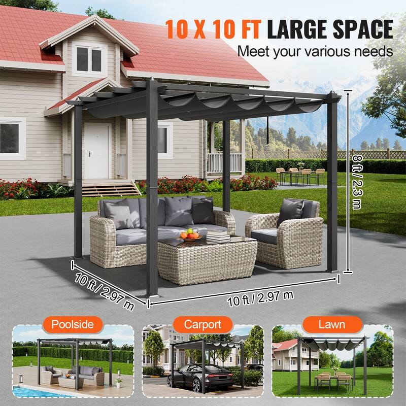 10 x 10 Feet Outdoor Retractable Pergola with Sunshade Canopy and Heavy-Duty Aluminum Frame
