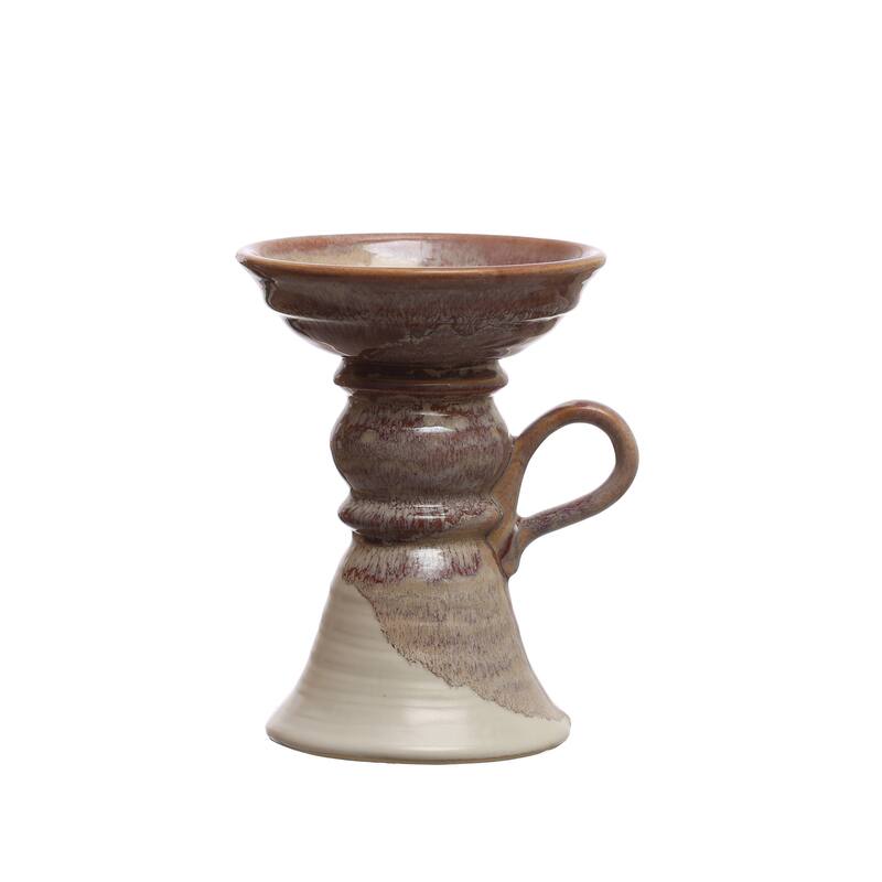 Stoneware Pillar Candle Holder with Handle and Reactive Glaze