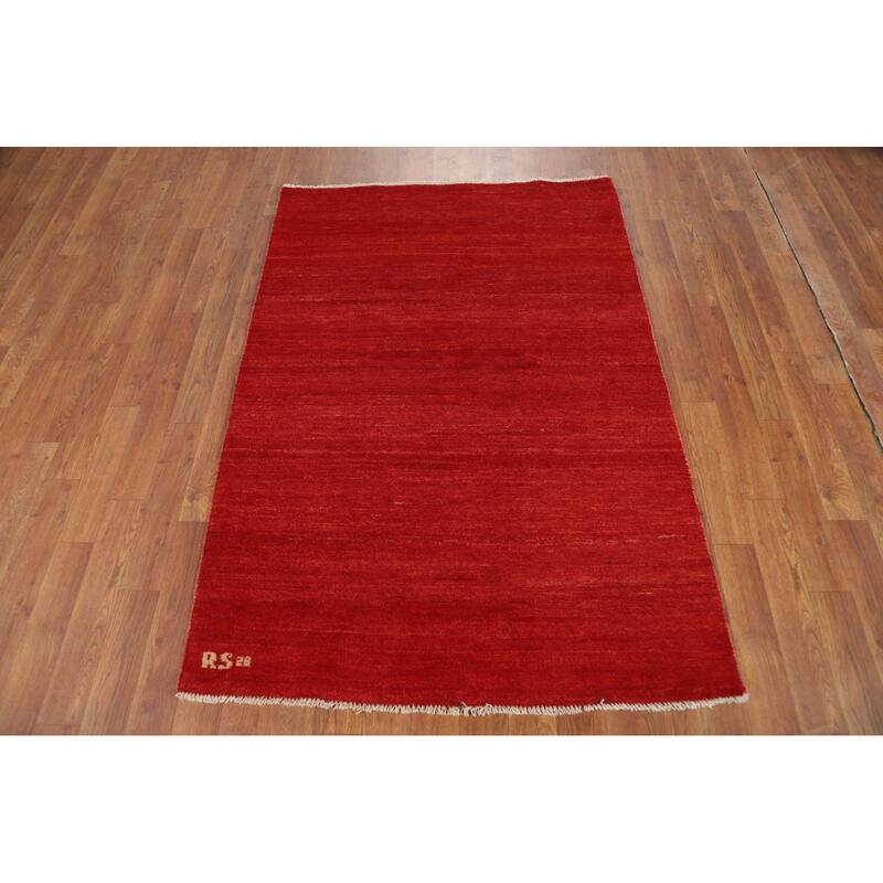 Modern Red Gabbeh Oriental Foyer Rug Hand-Knotted Wool Carpet - 3'4"x 4'10"