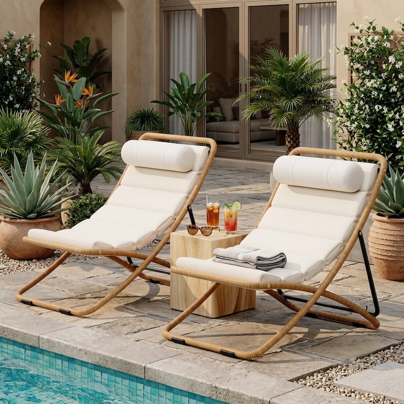 2-Piece Rattan-Wrapped Metal Frame Folding Outdoor Lounge Chair Set by Leisure Zone