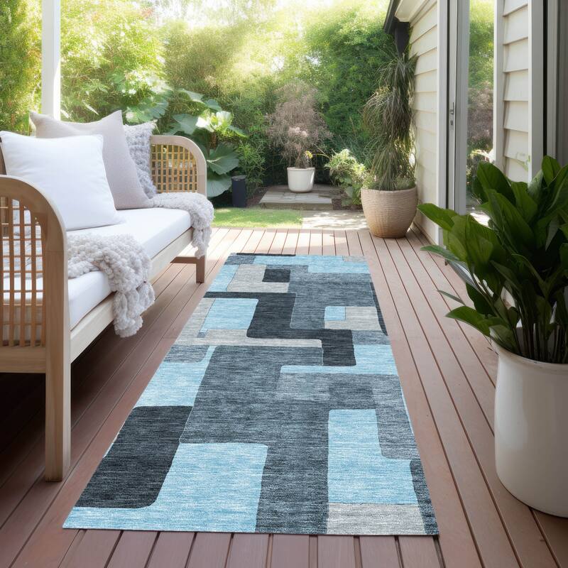 Machine Washable Indoor/ Outdoor Contempoary Blocks Chantille Rug - Sky - 2'3" x 7'6"