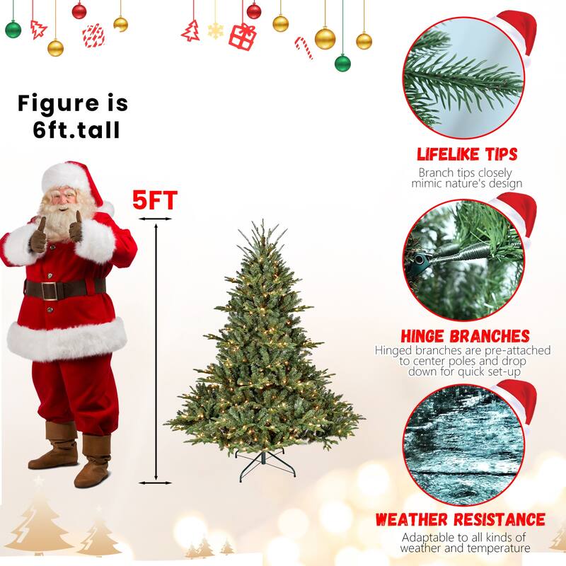 Full-Shape Pre-Lit Christmas Tree - PE/PVC Mixed Branches, Wide Base, Hinged Structure, Metal Stand - Green