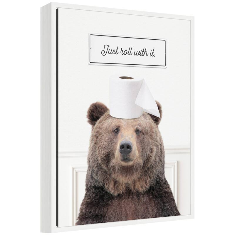 Kate and Laurel Sylvie Bear Just Roll with It Bathroom Framed Canvas by Amy Peterson - 18x24