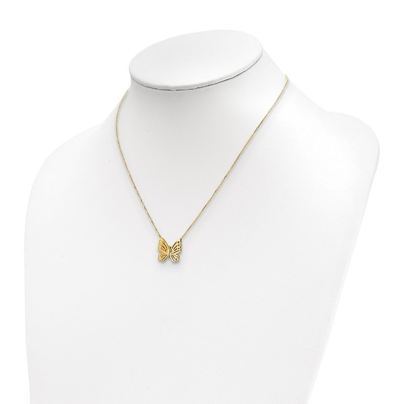 Curata 14k Yellow Gold Polished and Brushed 14.95mm Butterfly Necklace, 17+2"