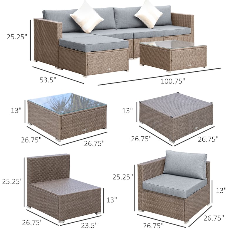 Outsunny 6-Piece Outdoor Patio Rattan Wicker Furniture Set with Comfortable Cotton Cushions, Removable Slip Covers