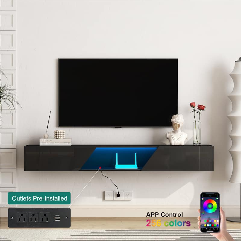 69" Floating TV Stand with 16-Color LED Lights, Wall Mounted Modern Media Console for 55-65 Inch TVs, High Gloss Cabinet