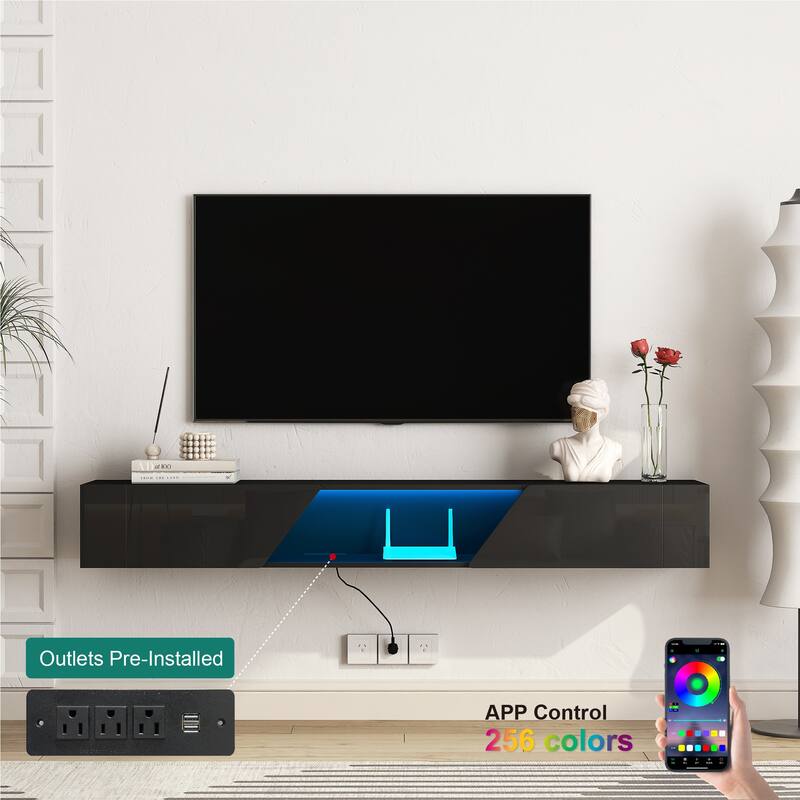 Floating TV Stand Wall Mounted with 16 Color LEDs, 69" Modern TV Stand with Cable Management & Open Storage Compartment